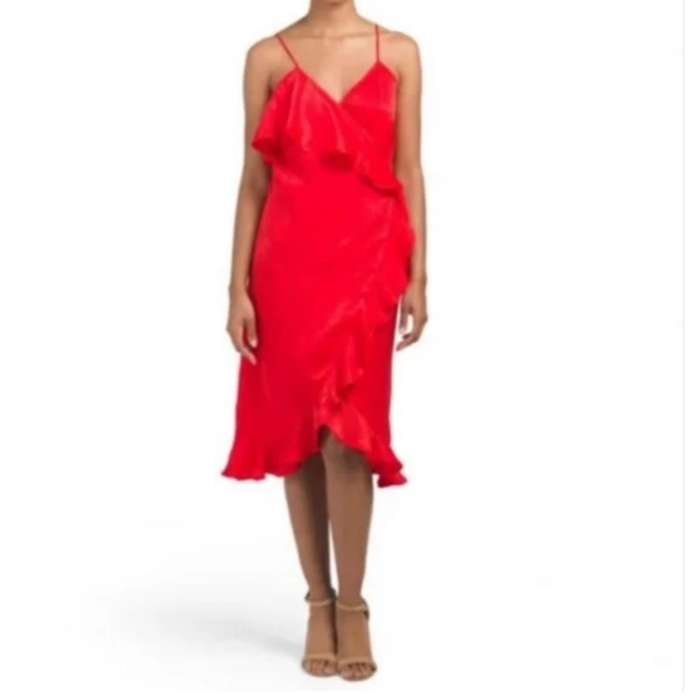 Donna Mizani Red ruffle plunge Asymmetrical Dress